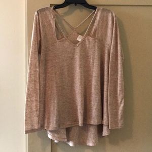 Tan long sleeve top with collar cut outs
